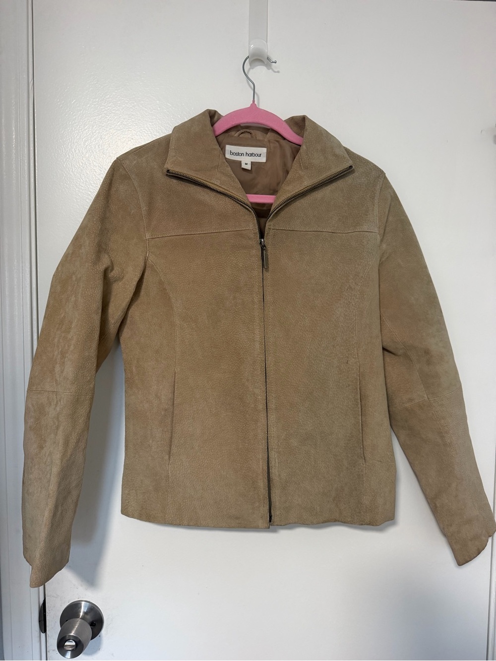 boston harbour leather bomber jacket womens medium mid length full zip collard